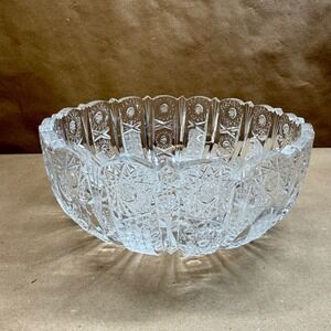 Vintage Heavy Cut Crystal Bowl Pinwheel Hobstar Starburst Scalloped Heavy 8"